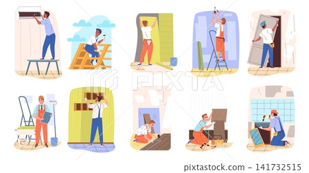 Repair house workers. Home renovation service, woman man work master uniform handyman fix tool equipment apartment property professional maintenance set classy vector illustration Repair house workers. Home renovation service, woman man work master uniform handyman fix tool equipment apartment property professional maintenance set classy vector illustration 141732515