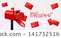 Realistic christmas mailbox. Santa claus letter 3d xmas banner design, flying red envelope post mail box postal new year paper message delivery letterbox exact vector illustration 141732516