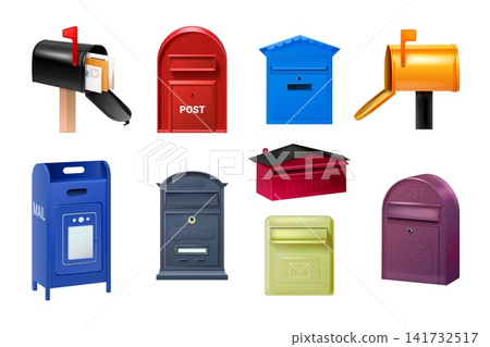 Realistic mailbox. 3d post mail letter box isolated postal retro letterbox envelope delivery postoffice apartment address letterboxes postbox mailboxes exact vector illustration Realistic mailbox. 3d post mail letter box isolated postal retro letterbox envelope delivery postoffice apartment address letterboxes postbox mailboxes exact vector illustration 141732517