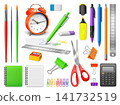 School supplies. Realistic stationery supply set, 3d isolated pen pencil eraser ruler scissors brush notebook calculator paper clip sharpener alarm, garish vector illustration 141732519