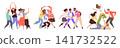 Happy friendship group. Young people fun celebrate, joy team taking photo together guy girl laughing love heart hand gesture rejoice student community classy vector illustration 141732522