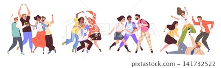 Happy friendship group. Young people fun celebrate, joy team taking photo together guy girl laughing love heart hand gesture rejoice student community classy vector illustration Happy friendship group. Young people fun celebrate, joy team taking photo together guy girl laughing love heart hand gesture rejoice student community classy vector illustration 141732522