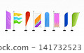 Colorful beach flags. Summer advertising flagpole, realistic teardrop flag pole mockup outdoor promotion sale vertical banner stand feather 3d isolated exact vector illustration 141732523