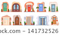 Front doors facade. House entrance different door, exterior design welcome doorway glass window vintage modern wooden entry apartment home porch wall set neat vector illustration 141732526