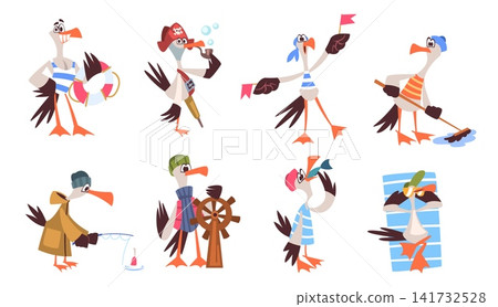 Seagull characters. Gull sea bird, sailor captain funny animal ocean summer beach mascot marine anchor seabird cartoon character nautical vacation set classy vector illustration Seagull characters. Gull sea bird, sailor captain funny animal ocean summer beach mascot marine anchor seabird cartoon character nautical vacation set classy vector illustration 141732528