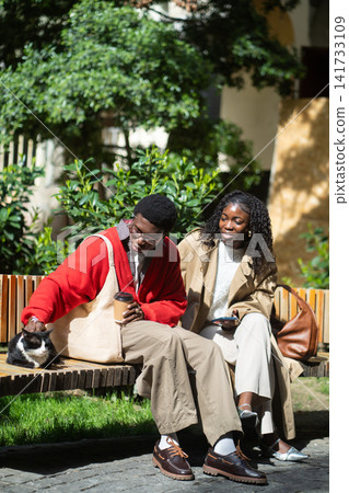 Positive african american couple man and woman relaxing together sit on bench petting stray cat. Positive african american couple man and woman relaxing together sit on bench petting stray cat. 141733109