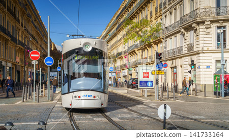 MARSEILLE, FRANCE - 03 Nov 2018 - Urban tram in the street of the city MARSEILLE, FRANCE - 03 Nov 2018 - Urban tram in the street of the city 141733164