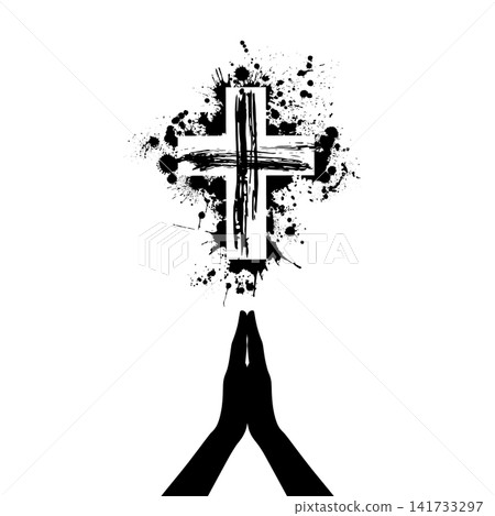 Hands folded in prayer at a religious cross Hand drawn. Not AI, vector illustration. Hands folded in prayer at a religious cross Hand drawn. Not AI, vector illustration. 141733297
