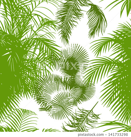 Tropical palm leaves, jungle leaves. Seamless pattern with palm leaves on a white background. Hand drawn. Not AI, vector illustration. 141733298