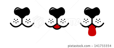 Set of dog or cat snouts with nose, mouth and tongue. Signboard designs for pet grooming and bathing salon or domestic animals store isolated on white background. Vector flat illustration Set of dog or cat snouts with nose, mouth and tongue. Signboard designs for pet grooming and bathing salon or domestic animals store isolated on white background. Vector flat illustration 141733354