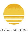 Whole and striped yellow circle halves with gritty texture isolated on white background. Sun and sea silhouette. Sunrise or sunset concept. Simple summer design element. Vector flat illustration 141733368