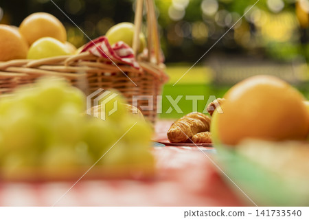 Selective focus of fresh croissants and fruits on checkered picnic blanket, framed by blurred grapes, oranges and wicker fruit basket in sunny park. Picnic arrangement for outdoor meal. Selective focus of fresh croissants and fruits on checkered picnic blanket, framed by blurred grapes, oranges and wicker fruit basket in sunny park. Picnic arrangement for outdoor meal. 141733540