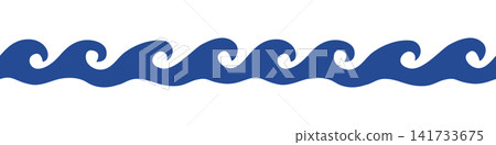 Blue horizontal wave border, minimal nautical vector divider silhouette for ocean and sea summer designs Blue horizontal wave border, minimal nautical vector divider silhouette for ocean and sea summer designs 141733675