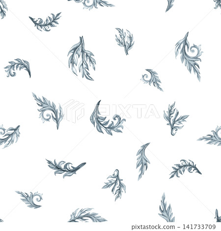 Elegant watercolor seamless pattern featuring scattered ornamental leaves in a natural flowing arrangement. Ideal for wallpaper, textiles, branding and elegant surface design 141733709