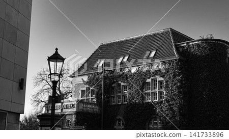 Historic City Street with Lantern in Black and White Historic City Street with Lantern in Black and White 141733896