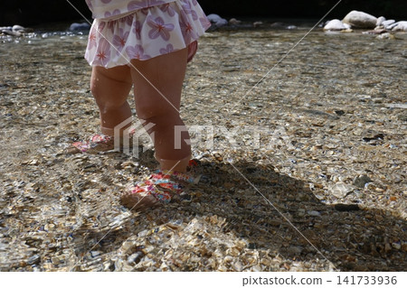 The feet of a one-year-old child wearing sandals as they enter a clear river. The feet of a one-year-old child wearing sandals as they enter a clear river. 141733936
