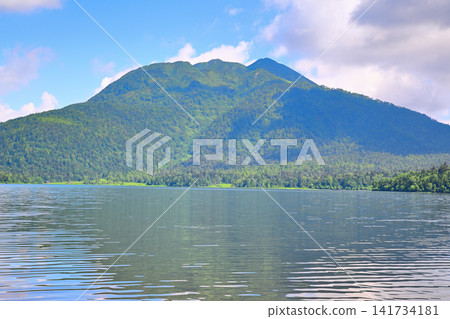 Ozenuma Lake and Mount Hiuchigatake: A summer scene under a dazzling blue sky. Ozenuma Lake and Mount Hiuchigatake: A summer scene under a dazzling blue sky. 141734181