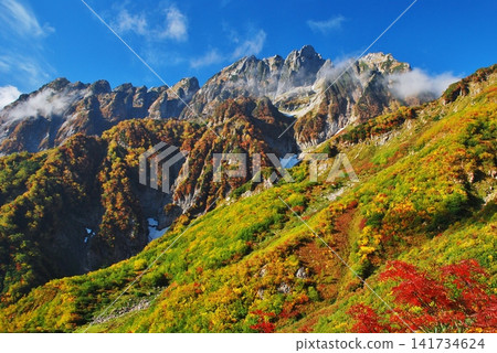 Mount Ura-Tsurugi shines brightly in the clear autumn sky. Mount Ura-Tsurugi shines brightly in the clear autumn sky. 141734624