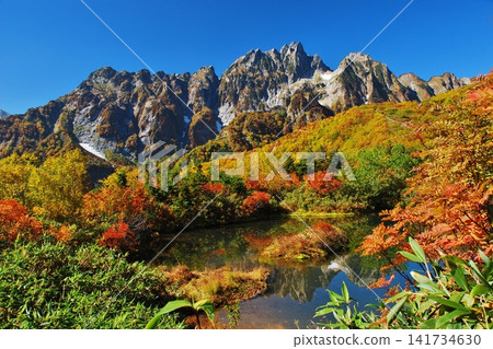 Mount Ura-Tsurugi shines brightly in the clear autumn sky. Mount Ura-Tsurugi shines brightly in the clear autumn sky. 141734630