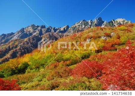 Mount Ura-Tsurugi shines brightly in the clear autumn sky. Mount Ura-Tsurugi shines brightly in the clear autumn sky. 141734638