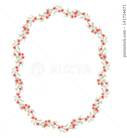 Red flowers tiny oval wreath. Hand drawn watercolor frame with delicate twig and thyme branch around copy space. Floral design for wedding invitation card. Botanical ellipse template for rustic logo. Red flowers tiny oval wreath. Hand drawn watercolor frame with delicate twig and thyme branch around copy space. Floral design for wedding invitation card. Botanical ellipse template for rustic logo. 141734671