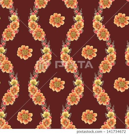 Marigold flower seamless pattern on burgundy background. Hand drawn watercolor Tagetes patula with orange dot blossom. Summer vintage design for fabric or wallpaper. Autumn garden repeat textile. Marigold flower seamless pattern on burgundy background. Hand drawn watercolor Tagetes patula with orange dot blossom. Summer vintage design for fabric or wallpaper. Autumn garden repeat textile. 141734672