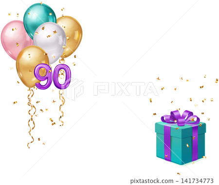 90th birthday celebration with balloons and gift. 90th birthday celebration with balloons and gift. 141734773