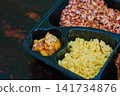 Healthy meal prep box with scrambled eggs, brown rice and vegetables. Fitness nutrition and clean eating concept. 141734876