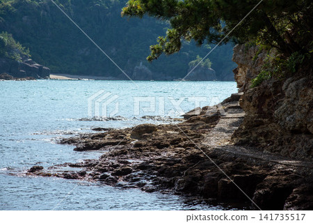 岩石嶙峋的海岸步道和寧靜的海灣景色。 岩石嶙峋的海岸步道和寧靜的海灣景色。 141735517