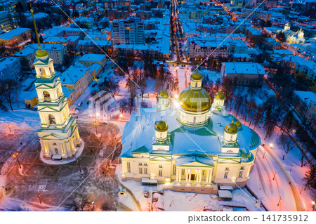 Evening view of the Spassky Cathedral in winter in Penza. Evening view of the Spassky Cathedral in winter in Penza. 141735912