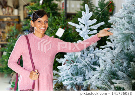 Woman choosing New Year's tree in christmas street fair Woman choosing New Year's tree in christmas street fair 141736088