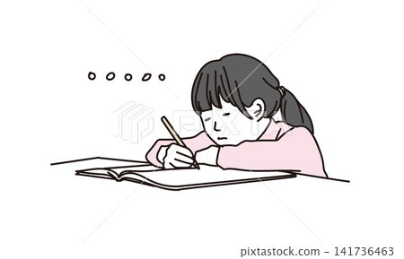 插圖描繪了一位缺乏學習動力的女小學生。 插圖描繪了一位缺乏學習動力的女小學生。 141736463