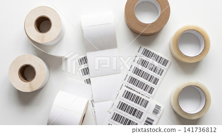 Rolls of adhesive shipping labels and packing tape with shipping packaging logistics warehouse adhesive business inventory stationery dispatch printable ecommerce delivery material Rolls of adhesive shipping labels and packing tape with shipping packaging logistics warehouse adhesive business inventory stationery dispatch printable ecommerce delivery material 141736812