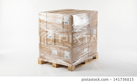 Wooden shipping pallet loaded with brown cardboard boxes wrapped in clear plastic film shipping cardboard logistics packaging delivery industrial warehouse distribution protection transport Wooden shipping pallet loaded with brown cardboard boxes wrapped in clear plastic film shipping cardboard logistics packaging delivery industrial warehouse distribution protection transport 141736815