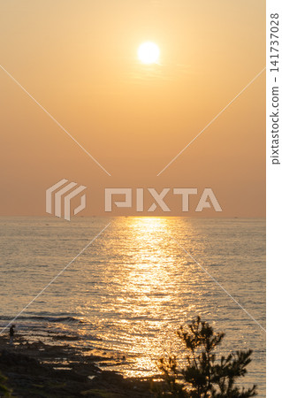 黃昏時分，夕陽和暮色為海灘染上了絢麗的色彩。 141737028