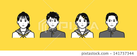 A set of character icons featuring four male and female students in school uniforms (gakuran and sailor suits). A set of character icons featuring four male and female students in school uniforms (gakuran and sailor suits). 141737344