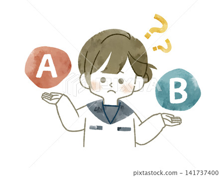 一位神情憂慮的女學生正在進行比較——水彩畫 一位神情憂慮的女學生正在進行比較——水彩畫 141737400