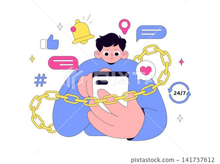 Social Media Addiction Illustration Featuring Smartphone Dependency, Digital Overuse, Endless Scrolling, and Mental Wellness Awareness Social Media Addiction Illustration Featuring Smartphone Dependency, Digital Overuse, Endless Scrolling, and Mental Wellness Awareness 141737612