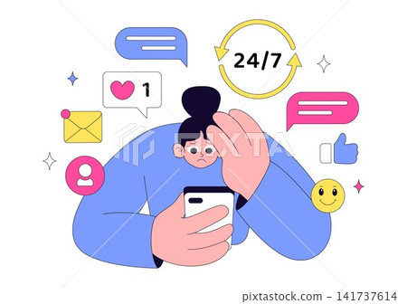 Social Media Addiction Illustration Featuring Smartphone Dependency, Digital Overuse, Endless Scrolling, and Mental Wellness Awareness Social Media Addiction Illustration Featuring Smartphone Dependency, Digital Overuse, Endless Scrolling, and Mental Wellness Awareness 141737614