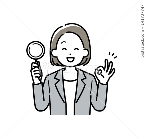 一幅插圖,描繪了一位身穿西裝的女士手持放大鏡,並做出“OK”手勢。 一幅插圖,描繪了一位身穿西裝的女士手持放大鏡,並做出“OK”手勢。 141737747