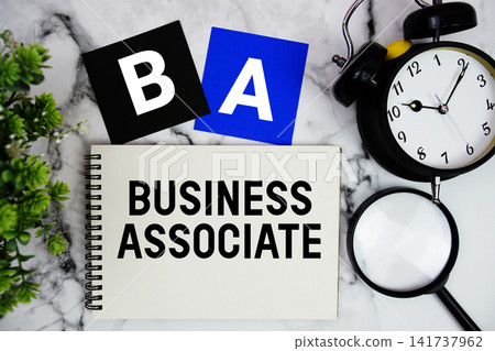 BA Business Associate text written on notepad with alarm clock and magnifying glass on marble background BA Business Associate text written on notepad with alarm clock and magnifying glass on marble background 141737962