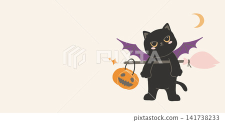 Halloween Banner Cute Black Cat with Bat Wings Broom Pumpkin Bucket and Copy Space Halloween Banner Cute Black Cat with Bat Wings Broom Pumpkin Bucket and Copy Space 141738233