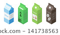 A set of illustrations of paper cartons for various drinks such as milk and soy milk. 141738563