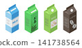 A set of 3D illustrations of paper cartons for beverages such as milk and green tea. 141738564