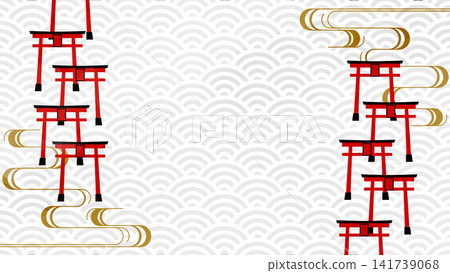 日式背景邊框插圖，描繪了鳥居和薄霧。 141739068
