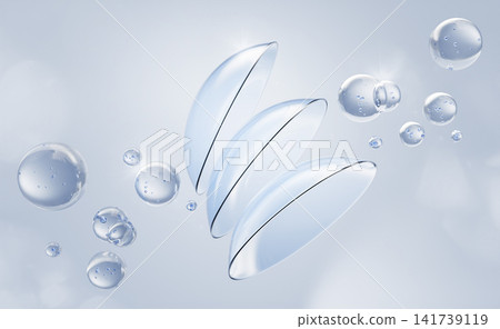 Transparent blue contact lens 3d icon with liquid solution bubbles on water background. Moisture aqua eye drops. Care and clean lenses for optical shop or pharmacy poster design. 3D illustration Transparent blue contact lens 3d icon with liquid solution bubbles on water background. Moisture aqua eye drops. Care and clean lenses for optical shop or pharmacy poster design. 3D illustration 141739119