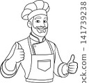 Happy Male Chef Giving Double Thumbs Up Line Art 141739238
