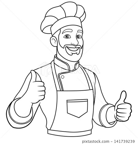 Happy Male Chef Giving Double Thumbs Up Line Art Happy Male Chef Giving Double Thumbs Up Line Art 141739239