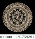 Greek vector pattern. Round ornament with greek key meanders. Circular ornamental frame pattern. Greek key pattern. Oriental round frame with damask pattern. Vector illustration. 141739261