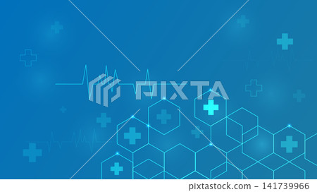 Abstract healthcare background with geometric hexagon pattern, medical cross symbols and ECG pulse Abstract healthcare background with geometric hexagon pattern, medical cross symbols and ECG pulse 141739966